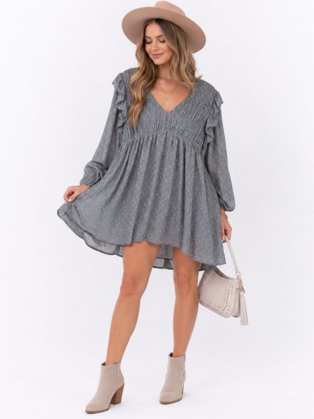 Reverof Ruffle Mini Dress Womens L Blue Gray Lined Boho Romantic Cottagecore